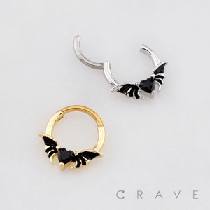 GOTHIC BAT WING BLACK HEART HINGED SEPTUM CLICKER RING 316L SURGICAL STEEL